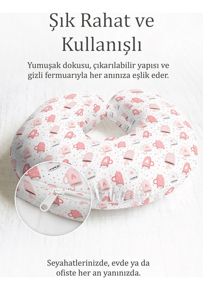 Pembe Cups Desenli Pamuklu Boyun Yastığı - Sevimli Kalp Figürlü Pembe Yumuşak Seyahat Yastığı Çok Renkli