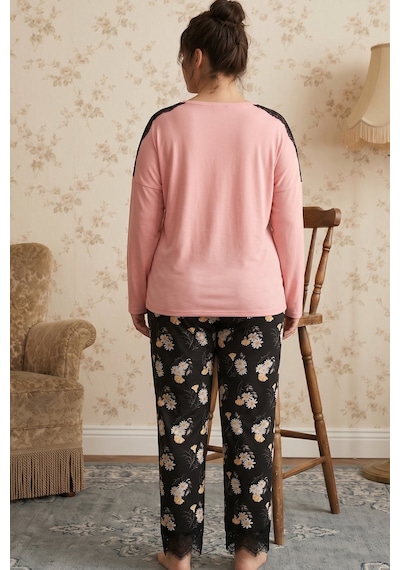 Siyah İnci Somon Desenli Büyük Beden Battal Boy Viskon Örme Pijama Takım 26224812