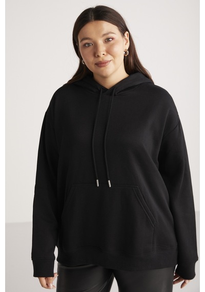 ETHIQUET TEREZABB Kadın Içi Polarlı Yumuşacık Comfort Fit Kapüşonlu Kanguru Cep Siyah Büyük Beden Sweatshirt
