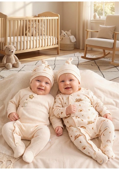 Babymod Güneş Desenli 4'lü 100% Pamuk Kız Erkek Bebek Tulum Set Ekru