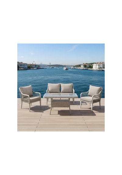 Dora Garden Home Zen 2+1+1 Bahçe Balkon Takımı 2+1+1 Camlı Masalı Açık Gri Siyah Çizgili