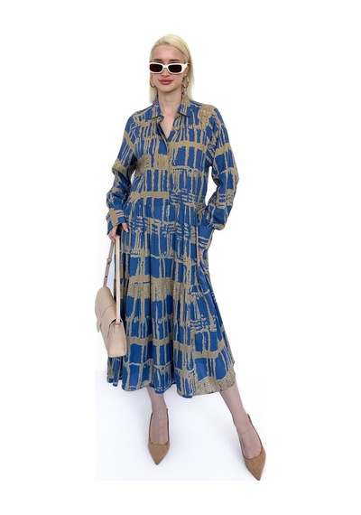 Madmext İndigo Uzun Kollu Düğmeli Desenli Elbise Mg2430 Indigo