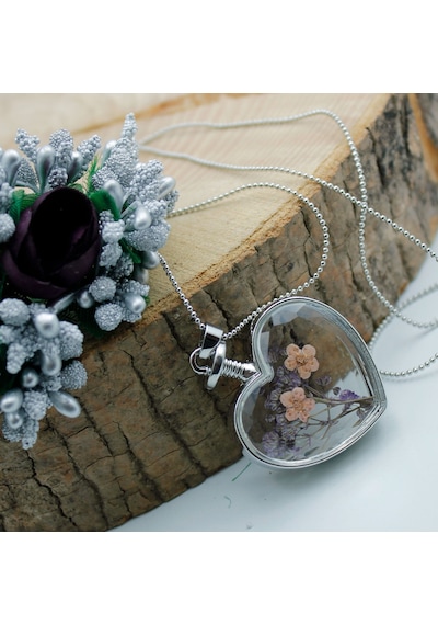 Hediyeci Abla Cam Kalpli Kurutulmuş Toz Pembe ve Mor Kır Çiçekli Kadın Kolye Gümüş - Altın - Rose Gold