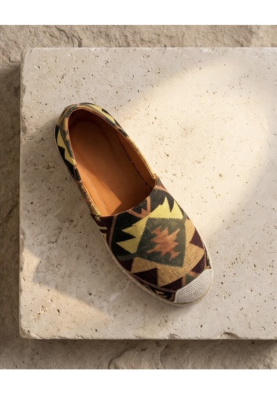 Futsishoes Vıola Sarı Hakiki Deri Kilim Desenli Kadın Etnik Desen Espadril Ayakkabı