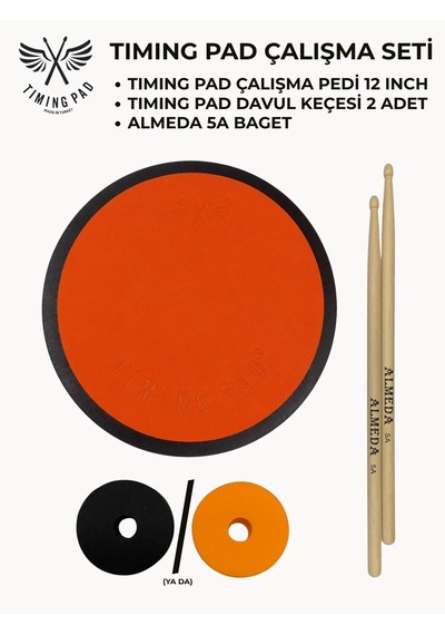 Timing Pad Çalışma Seti Çalışma Pedi 12 Inch + Davul Keçesi 2 Adet + Baget