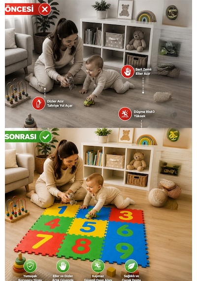 9 Parça Büyük Boy Eva Sayılı Puzzle Oyun Matı Rakamlı Çocuk Yer Matı Renkli Zemin Karosu