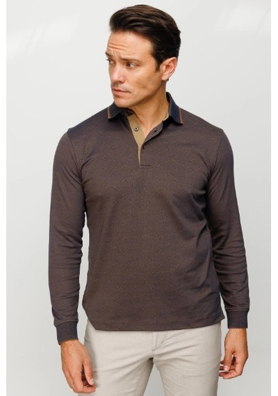 Desen Triko Erkek Polo Yaka Kare Desenli Uzun Kollu Sweatshirt Kahve Kahve