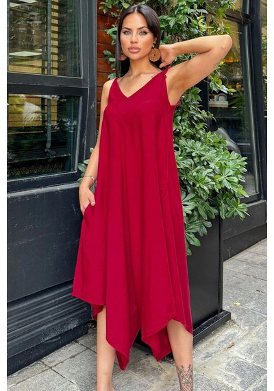 Kadın Bordo İp Askılı, Asimetrik Kesim, Dokulu Terletmez Kumaş, Salaş Tulum Bordo