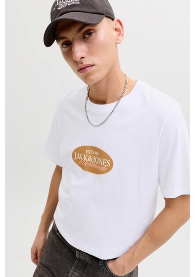 Jack & Jones Jorcatskılls Front Baskılı Erkek Tişört Bisiklet Yaka Kısa Kollu Beyaz
