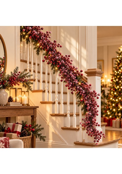 Bakgelal 190 Cm Kokina Görünümlü Yılbaşı Süsleme Dalı Kar Efektli Kırmızı Meyveli Dekoratif Garland, Kapı Ve Merdiven Süsü 3 Metre Peri Led Hediye - 9076523241771 Diğer
