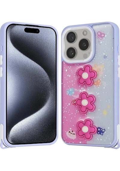 Apple Uyumlu iPhone 15 Pro Kılıf Parlayan Sıvılı Simli Kabartma Figürlü Zore Cevze Kapak