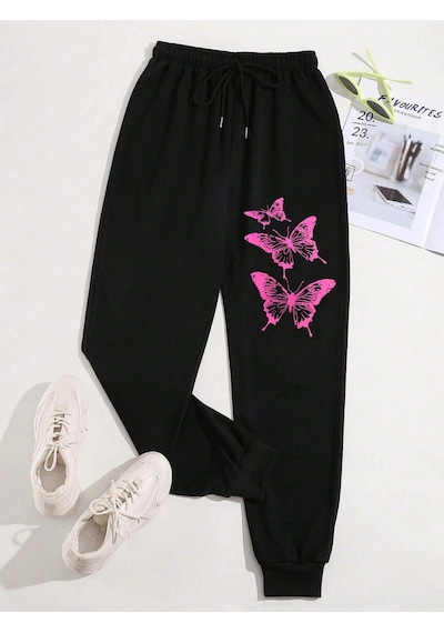 Butterfly Print Drawstring Waist 4 Mevsim Eşofman Siyah