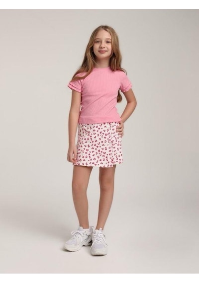 Escabel Kız Çocuk Pamuklu Kolları Kısa Fırfırlı T-shirt-15611 Pembe