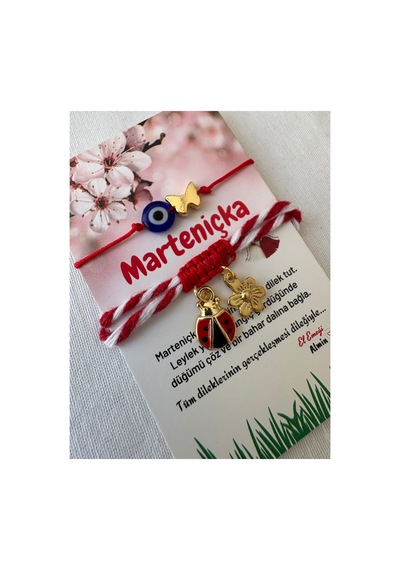 Hediyelik Marteniçka Uğur Böceği, Nazar Boncuğu Bileklik İkili Set Kırmızı Kırmızı