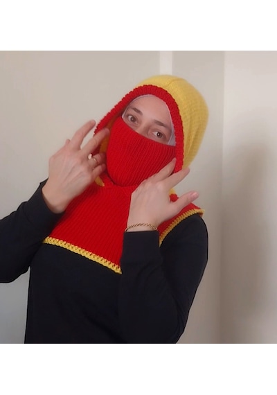 Kemzey Handmade El Yapımı Balaklava, Örgü Şapkalı Boyunluk , Yünlü Şapka Sarı - Kırmızı