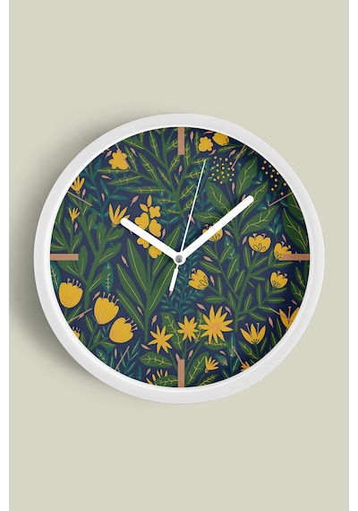 Sarı Çiçek Desenli Botanik Modern Duvar Saati - 25cm - Önü Camlı Beyaz Kasa - Sessiz Mekanizma-jh0512 Beyaz