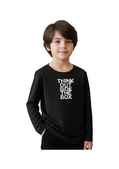 Panios Kids Düz Yuvarlak Yaka Think Out Baskı Detaylı Erkek Çocuk Sweatshirt Siyah