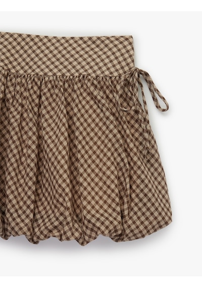 Koton Slim Fit Yanları Bağlamalı Pötikareli Mini Balon Etek Kahverengi Ekose 6sak70186pw