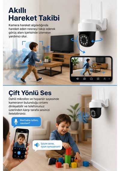 Ptz-26 Wifi Akıllı Güvenlik Kamerası 2mp 1080p Full Hd 355 Döner Hareket Takipli Gece Görüşlü Çift Yönlü Ses
