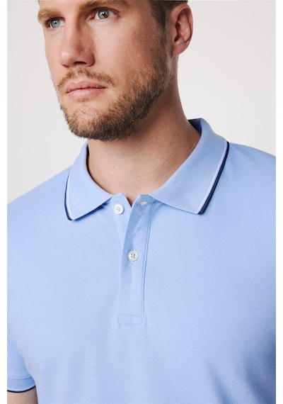 Tudors Erkek Slim Fit Dar Kesim %100 Pamuk Düz Pike Kol Şeritli Mavi Polo Yaka Tişört-27646 Mavi