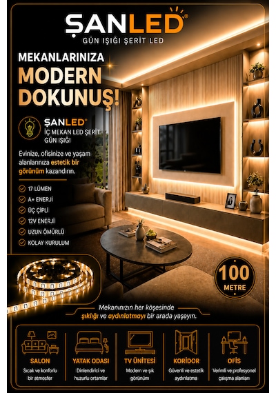 3 Çipli Şerit Led Gün Işığı Rengi 12v 100 Metre