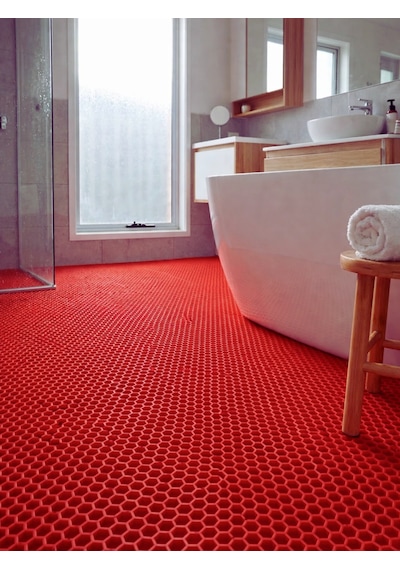 Beylini Petek Pvc Paspas Islak Zeminde Kaydırmaz İç Dış Mekan Banyo Duş Lavabo Havuz Kenar Halısı Bal Desen Kırmızı 90x400