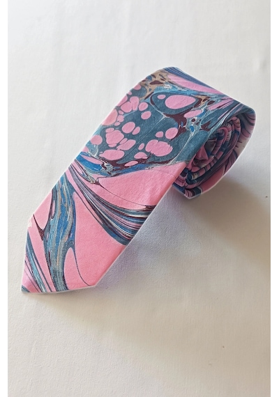 Elifebru Exclusive Handicrafts Ebru Sanatı El Yapımı Pembe Kahve Mavi İpek Kravat Ikr 152 Çok Renkli