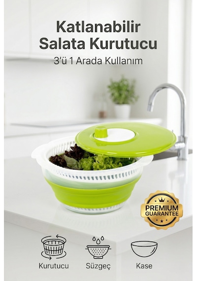 Katlanabilir Salata Kurutucu - Süzgeç Ve Kase Seti - 3 Ü 1 Arada 4.5 Litre Yeşil