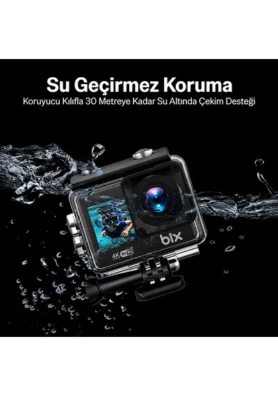 Pulse 1 Wi-fi 4k 30fps Ultra Hd Aksiyon Kamerası Çift Ekranlı 30 Metre Su Geçirmez Kılıflı Vlog Bisiklet Motosiklet Kask Kamerası Siyah Siyah