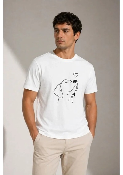 Defymoda Erkek Köpek Figürlü Minimal Baskılı Tişört Kısa Kol Yazlık T-shirt - Beyaz