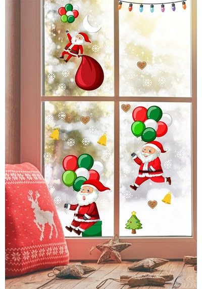 Balonla Uçan Noel Babalar Ve Kar Taneleri Yılbaşı Pencere Sticker