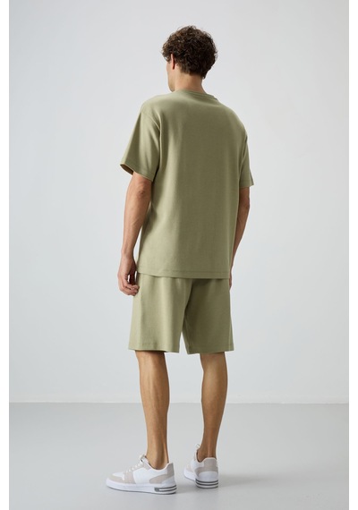 Tommy Life Açık Çağla Pamuklu Kalın Yumuşak Dokulu Oversize Fit Basic Erkek Şort Takım - 85249 Yeşil