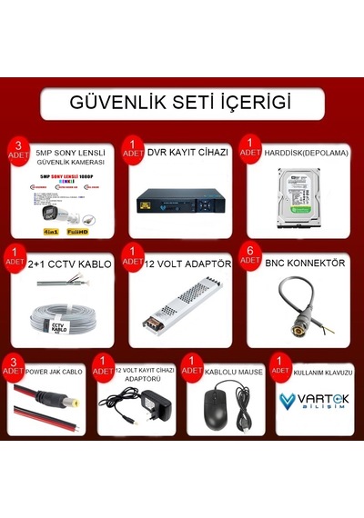 3 Kameralı Full HD Güvenlik Kamera Seti 320GB HDD 5MP Gece (Renkli) Görüşlü - Sabit IP Gerektirmez