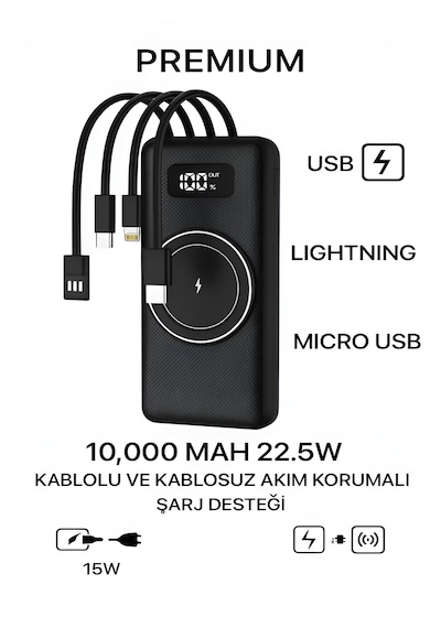 10000mah Pd 22.5w Kablosuz & Kablolu Powerbank Wireless 15w, Usb, Micro & Type-c, Apple Uyumlu iPhone  Siyah - Siyah