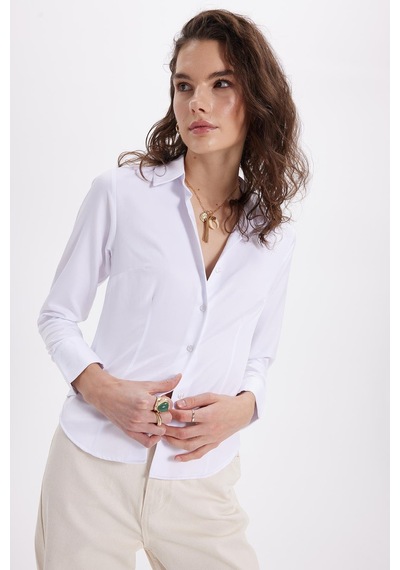 Tudors Kadın Slim Fit Dar Kesim Pensli Vucüda Oturan Uzun Manşet Beyaz Gömlek-42064 Beyaz