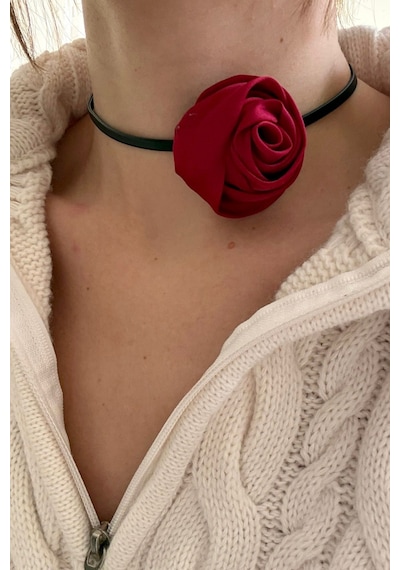 Trade Bazaar Bağcıklı Kumaş Gül Choker Kolye Gül Kolye Bordo