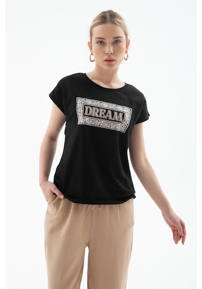 Fashion Friends Baskılı %100 Pamuklu Bluz Siyah Siyah