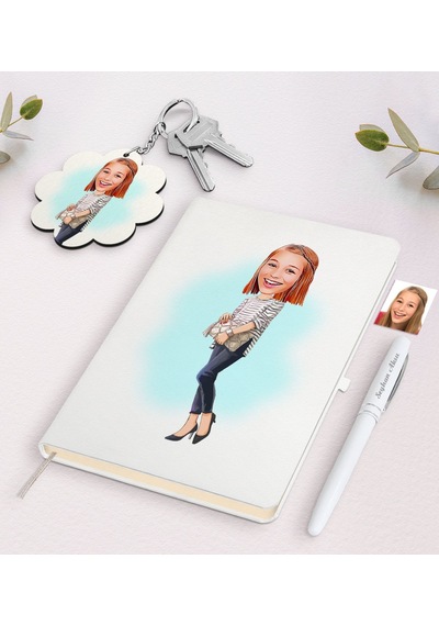 Kişiye Özel Kadın Karikatürlü Beyaz Defter Kalem Ve Anahtarlık He N11.4831