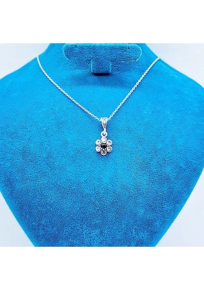 Papatya Model Zirkon Ve Oltu Taşı Tasarım 925 Ayar Gümüş Kolye Siyah
