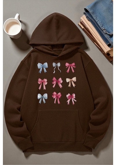 Uyguntarz Unisex Renkli Kurdele Baskılı Kapüşonlu Sweatshirt Kahverengi
