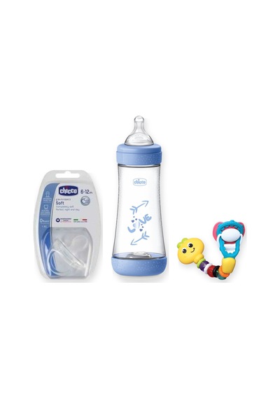 Beslenme Başlangıç Seti 3 Parça: Chicco Biberon + Chicco Emzik + Infantino Emzik Tutucu - Mavi