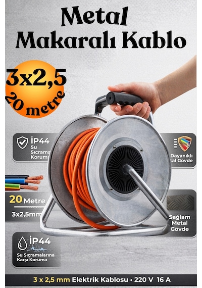 3x2.5 Mm Cca Kablo 20 Metre Makaralı Seyyar Kablo Kapaklı 4 Prizli Metal Uzatma Kablosu 20 M