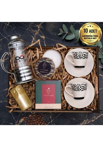 Logonuza Özel 10 Kutu Kahve Hediye Seti French Press, Fincan, Mum Ve Biblo Seti Beyaz