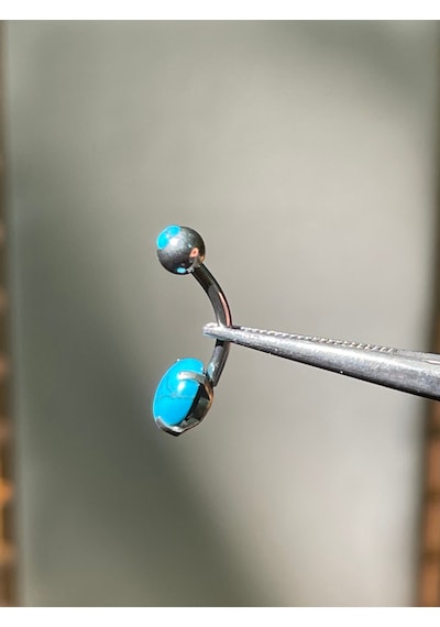 316 L Cerrahi Çelik Firuze Taşlı Gümüş Renginde Göbek Piercingi Gümüş