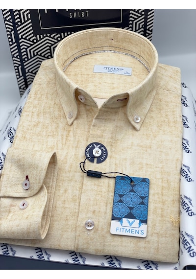 Slim Fit Uzun Kol Müslin Dijital Baskılı Hediye Kutulu Erkek Gömlek Fs-004599 - Sarı-3360