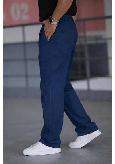 Bürke Çift Pileli Lacivert Beli Yarım Lastikli Kaliteli Keten Görünümlü Baggy Pantolon Bürke Çift Pileli Lacivert Beli Yarım Lastikli Kaliteli Keten Görünümlü Baggy Pantolon