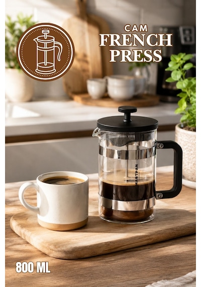Porsima Smartpan Bv008 French Press Paslanmaz Çelik Süzgeçli Cam Bitki Çayı Demliği Kahve Presi - 800 Ml Siyah