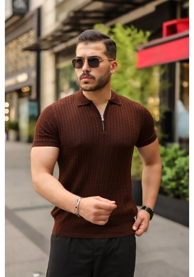 Efnaz Style Erkek Örgü Desen Fermuar Yakalı Triko Tişört Kahverengi
