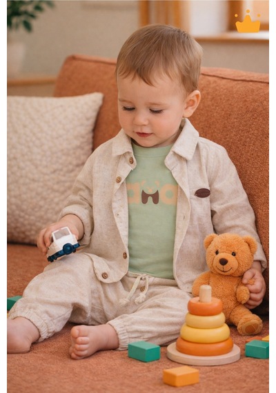 Babyhola Bayramlık Erkek Bebek Üçlü Takım Panda Baskılı Müslin Kumaş Mevsimlik Set 2201 Yeşil