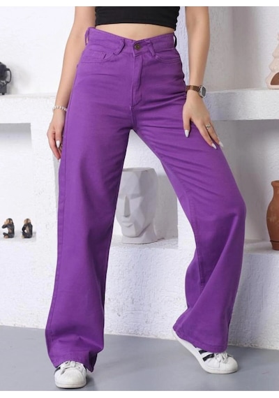 Kene Jeans Yüksek Bel Mor Keten Bol Paça Tam Kalıp Pantolon Mor